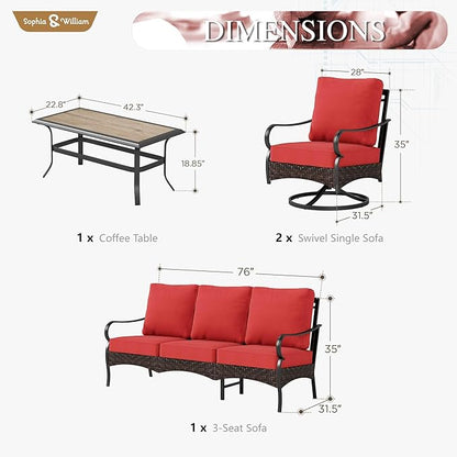 Sophia & William Patio Furniture Set, 4 Piece Metal Outdoor Conversation Set with 3-Seater Outdoor Couch, 2 Swivel Chairs, 1 Coffee Table for Outdoor Seating, Backyard, Porch(Red)