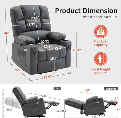 MCombo Large Dual Motor Power Lift Recliner Chair for Elderly, Massage and Heat, Lay Flat, Zero Gravity, Home Button, USB Port, Faux Leather 7680 (Dark Grey, Large)