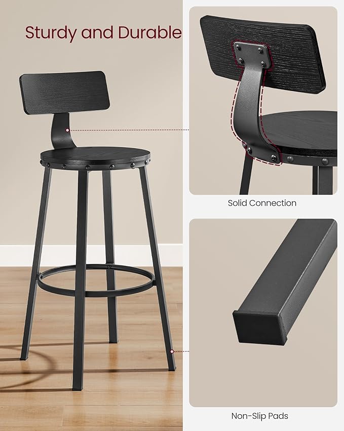 VASAGLE Bar Stools Set of 4, Bar Height Stools, 28.9 Inches Counter Barstools Chairs with Back for Dining Kitchen Island, Steel Frame, Industrial Style, Easy Assembly, Ebony Black