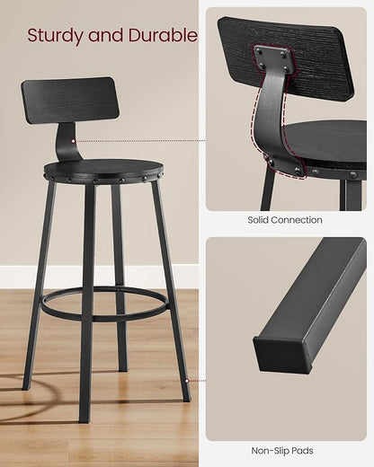 VASAGLE Bar Stools Set of 4, Bar Height Stools, 28.9 Inches Counter Barstools Chairs with Back for Dining Kitchen Island, Steel Frame, Industrial Style, Easy Assembly, Ebony Black