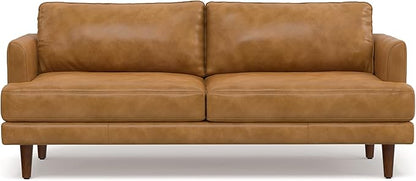 SIMPLIHOME Livingston 76-inch Wide Sofa in Sienna Top Grain Genuine Leather, Handcrafted Mid-Century Modern Loveseat for Living Room, Compact 2-Seater with Feather-Wrapped Cushions