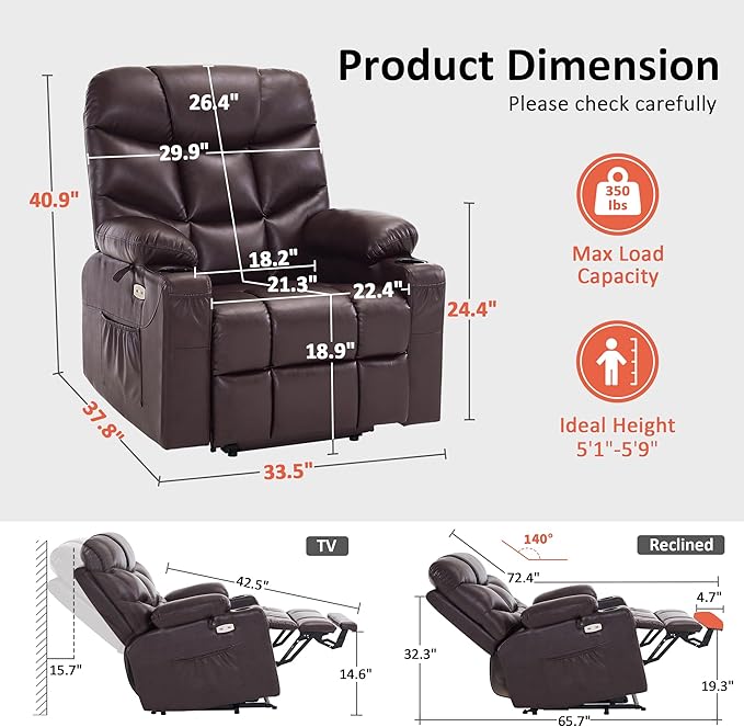 MCombo Power Lift Recliner Chair with Extended Footrest for Elderly People, Faux Leather 7287 (Dark Brown, Medium)