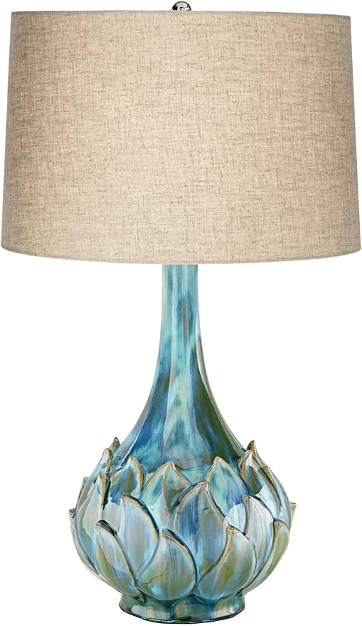Possini Euro Design Kenya Modern Tropical Table Lamp with USB Dimmer 29 1/2" Tall Blue Green Glaze Ceramic Beige Linen Drum Shade for Bedroom Living Room House Home Bedside Nightstand Office Family
