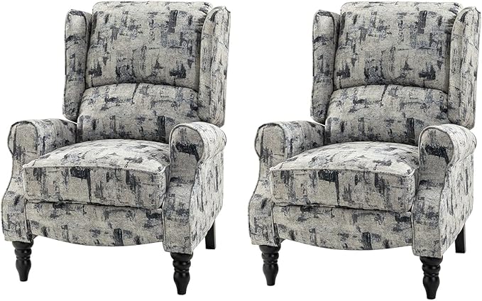HULALA HOME Upholstered Wingback Recliner Chair Set of 2, Small Adjustable Footrest Push Back Single Reclining Sofa, Mid Century Modern Lounge Armchair for Living Room, Bedroom, Reading/Grey
