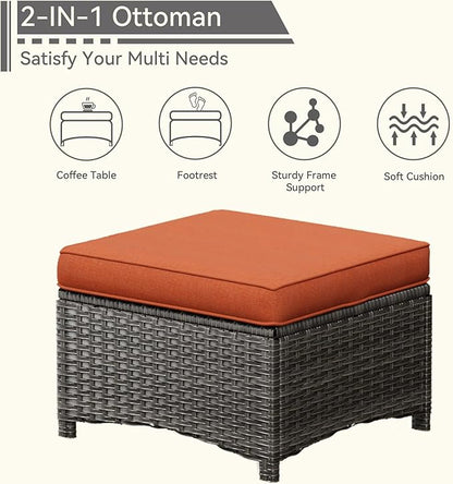 5 Pieces Outdoor Patio Furniture Set - Conversation Set Includes Wicker Swivel Rocker Chairs Set of 2, 2 Ottoman, 3-Seat Sofa, Suitable for Porch, Yard, Mixed Brown Rattan, Orange