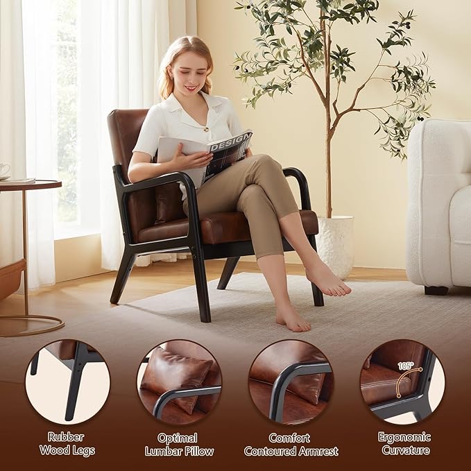 Accent Chair Mid Century Modern Armchair with Lumbar Support Pillow Wood Legs PU Leather Upholstered Lounge Chairs Comfy High Back Cushion for Living Room Bedroom