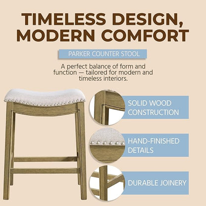 ROME + OAK Set of 2 Parker 26" Counter Stool, Backless Saddle Kitchen Barstool in Natural Wood Finish with Wheat Cream Fabric Upholstery Cushion Seat