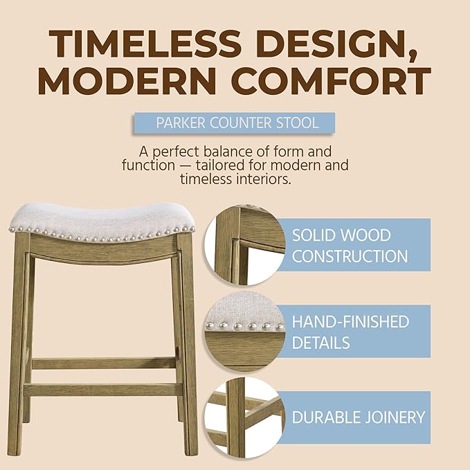ROME + OAK Set of 4 Parker 26" Counter Stool, Backless Saddle Kitchen Barstool in Natural Wood Finish with Wheat Cream Fabric Upholstery Cushion Seat