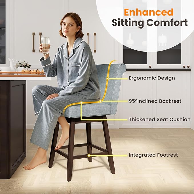 COSTWAY Swivel Bar Stools Set of 2, 27" Counter Height Bar Chairs with Rubber Wood Legs, Upholstered Linen Barstools with Back & Cushioned Seat, for Kitchen Island, Home, Grey