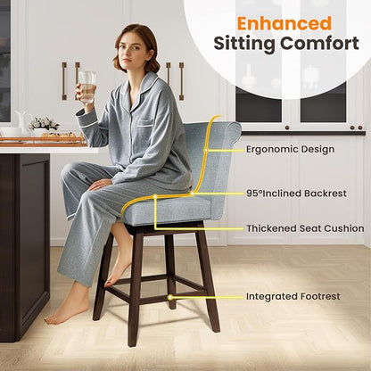 COSTWAY Swivel Bar Stools Set of 2, 27" Counter Height Bar Chairs with Rubber Wood Legs, Upholstered Linen Barstools with Back & Cushioned Seat, for Kitchen Island, Home, Grey