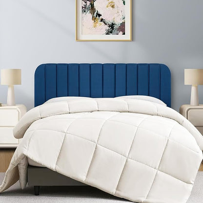 Upholstered Headboard - Striped Interval - Adjustable Height - Metal Legs - Bed Frame (Blue, Queen (U.S. Standard))