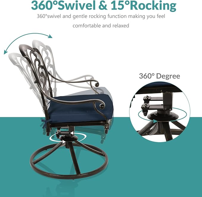 MEETWARM 9-Piece Outdoor Patio Dining Set, All-Weather Cast Aluminum Patio Conversation Set with 2 Swivel Rocker Chairs, 6 Stationary, 1 Oval Table, 8 Cushions, 2" Umbrella Hole, Navy Blue