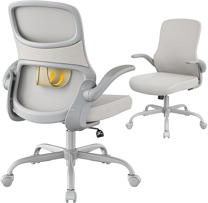 Office Chair, Mesh Ergonomic Desk Chairs, Comfy Computer Gaming Chair with Adjustable Height & Flip-up Armrest, Lumbar Support & Swivel Function for Home Office (Gray)
