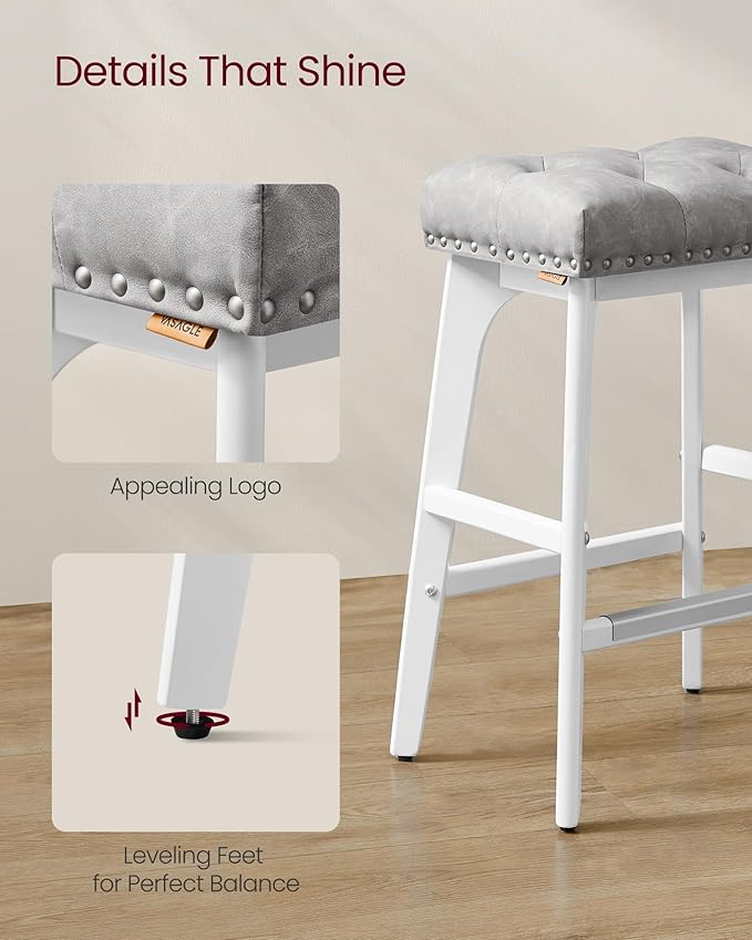 VASAGLE Bar Stools Set of 2, Saddle Counter Height Bar Stools, 26-Inch Backless Kitchen Stools with Wood Legs, PU Leather Thickened Upholstered Barstools for Kitchen Island Dining Room, Dove Gray