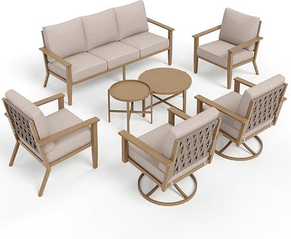 7-Piece Patio Outdoor Conversation Furniture Set with Dual Swivel/Stationary Chairs, Steel Modern Outdoor Patio Conversation Sets with Thick Cushions for Porch, Balcony, Backyard-Beige