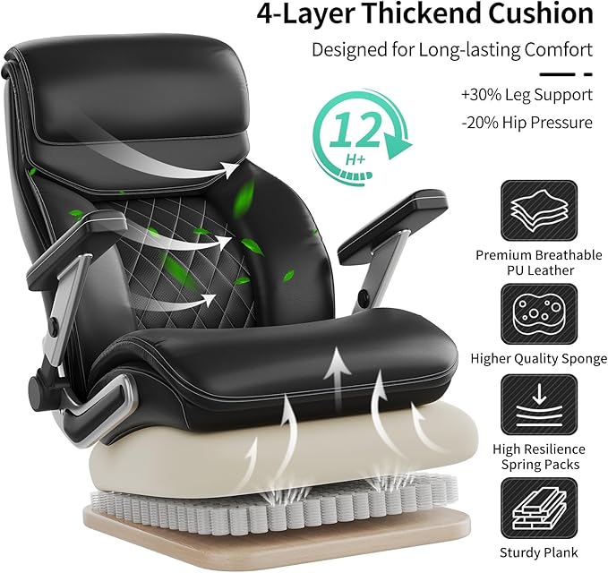 Big and Tall Office Chair with 5D Arms, 600lbs Heavy Duty Desk Chair with Adjustable Lumbar Support, PU Leather High Back Ergonomic Executive Computer Chair with 3'' Silent Casters