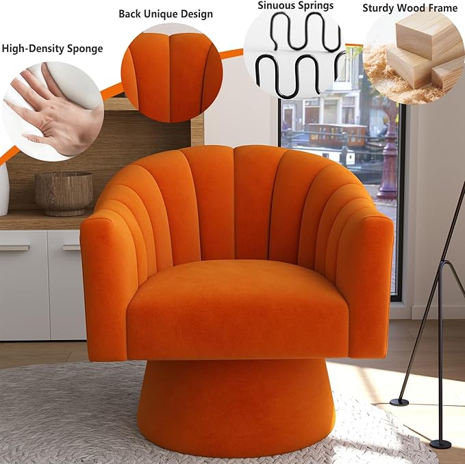Swivel Accent Chair,Upholstered Velvet 360° Swivel Barrel Chair for Living Room Overstuffed Bouncle Reading Chair Round Armchair for Bedroom,Vanity,Office(Orange)