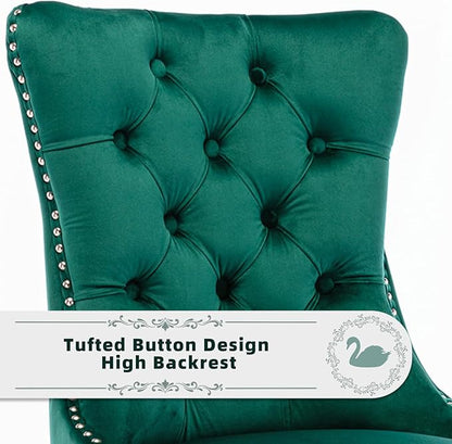 Velvet Upholstered Dining Chairs Set of 8, Modern Style Kitchen Side Chairs with Nailhead Trim and Wood Legs,Metal Pulling Ring for Dining Room Living Room(Green)