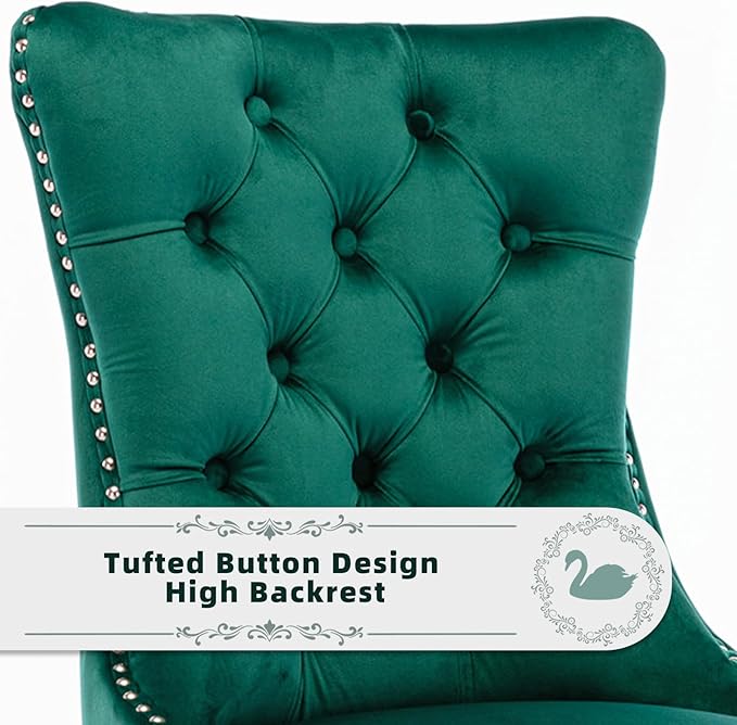 Velvet Upholstered Dining Chairs Set of 4, Modern Style Kitchen Side Chairs with Nailhead Trim and Wood Legs,Metal Pulling Ring for Dining Room Living Room(Green)
