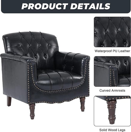 Lumibee Faux Leather Armchair, Contemporary Accent Chair with Nailhead Trims & Wood Legs for Living Room, Upholstered Comfy Arm Chair for Office,Bedroom-Blue Black