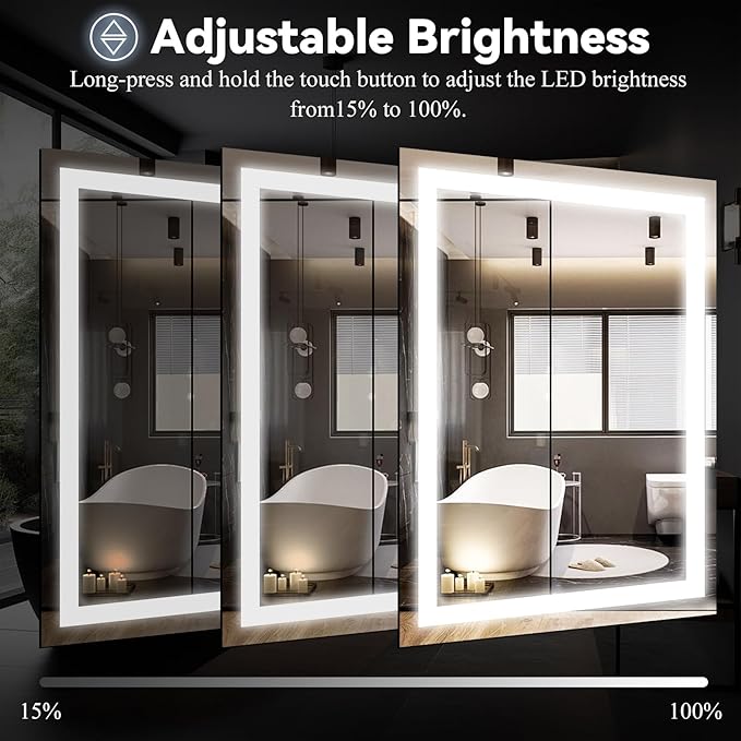 VooBang LED Bathroom Mirror 26 x 38 inches - 3 Adjustable Lighting Modes Lighted Smart Bathroom Vanity Mirror, Anti-Fog, Memory Function, Tempered Glass, Wall Mounted Horizontally Vertically