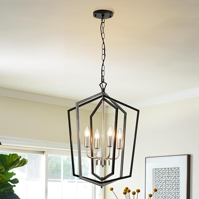 4-Light Farmhouse Chandelier for Dining Room, Modern Foyer Lighting Fixture, 18.1" Lantern Pendant Light, Kitchen Island Hanging Pendant Light Fixture, for Bedroom, Entryway Hallway