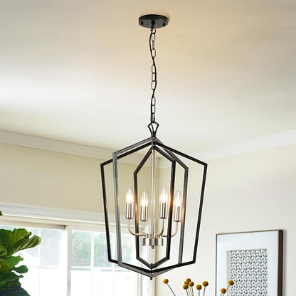 4-Light Farmhouse Chandelier for Dining Room, Modern Foyer Lighting Fixture, 18.1" Lantern Pendant Light, Kitchen Island Hanging Pendant Light Fixture, for Bedroom, Entryway Hallway
