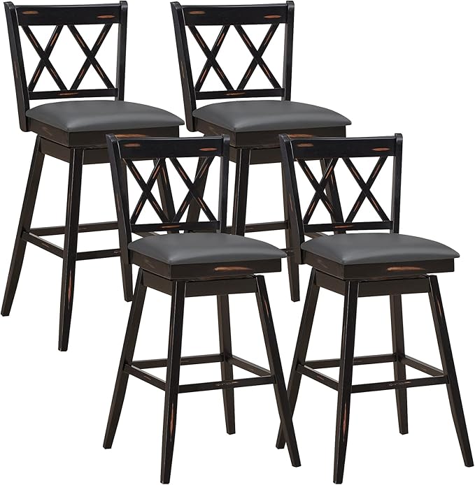 COSTWAY Bar Stool Set of 2, 360 ° Swivel Counter Height 29.5 inch Bar Stool with Foot Rest Upholstered Cushion & Ergonomic Backrest, Premium Foot Rest & Sturdy Frame (4, Black + Grey)