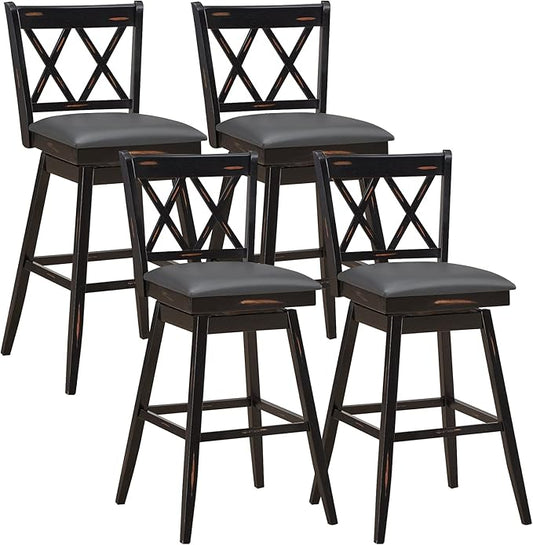COSTWAY Bar Stool Set of 2, 360 ° Swivel Counter Height 29.5 inch Bar Stool with Foot Rest Upholstered Cushion & Ergonomic Backrest, Premium Foot Rest & Sturdy Frame (4, Black + Grey)