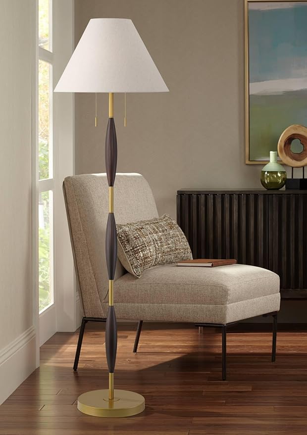 Possini Euro Design Carillo Modern 68" Tall Standing Floor Lamp Pull Chain Espresso Brown Gold Wood Metal Living Room Bedroom House Reading Office Home Decor Entryway Dining Indoor White Shade
