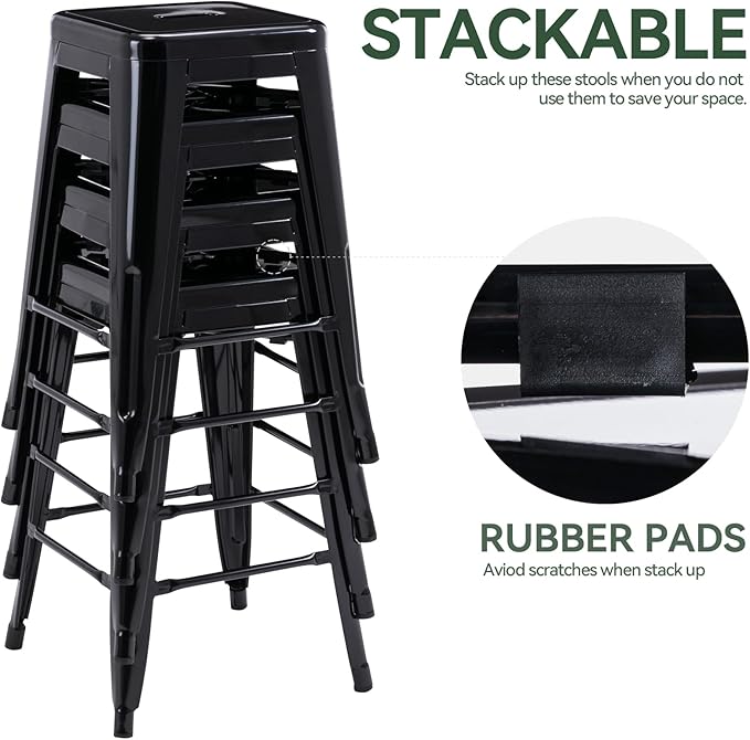 Vogue Furniture Direct 24 Inch Metal Bar Stools, Backless Counter Height Barstools, Indoor Outdoor Stackable Stools with Square Seat, Set of 4 (Black)