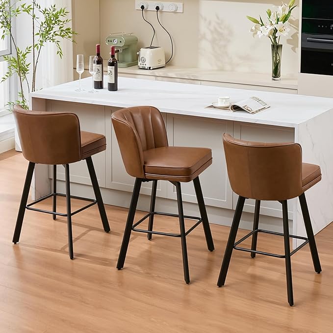 Swivel Counter Height Bar Stools Set of 4, 30'' Modern Barstools with Backs and Metal Legs, Upholstered Bar Chairs, Faux Leather Dark Brown Stools for Kitchen Island Chairs