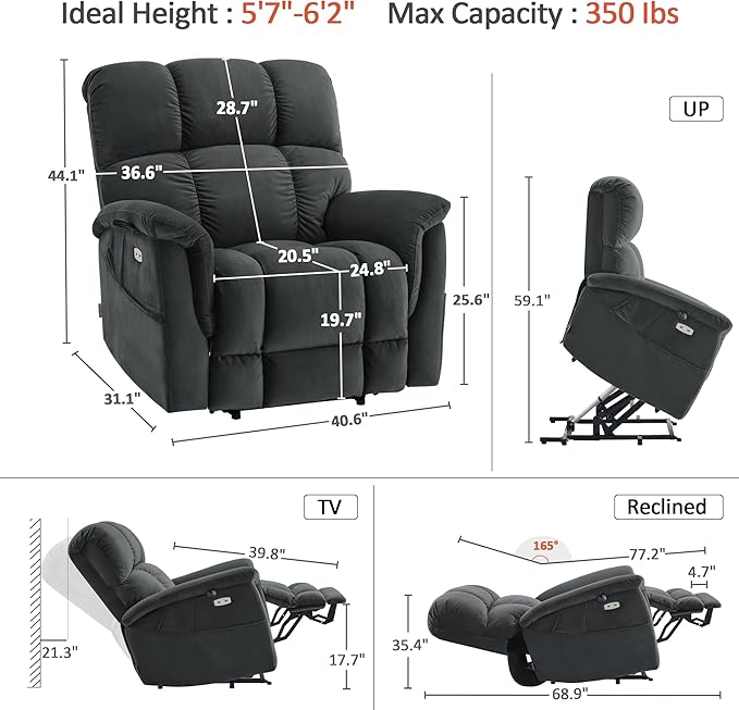 MCombo Large-Wide Dual Motor Power Lift Recliner Chair, Massage and Dual Heating for Elderly People, Infinite Position, Fabric R7166 (Dark Grey)