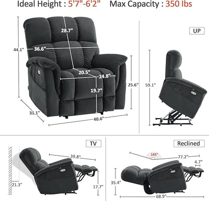 MCombo Large-Wide Dual Motor Power Lift Recliner Chair, Massage and Dual Heating for Elderly People, Infinite Position, Fabric R7166 (Dark Grey)