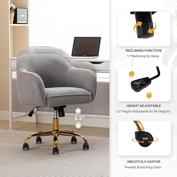 Home Office Desk Chair with Arms Gold Wheels Modern Velvet Upholstered Rolling Computer Chair Mid-Back Ergonomic Adjustable Swivel Vanity Chair for Bedroom Study Office, Grey,Corduroy