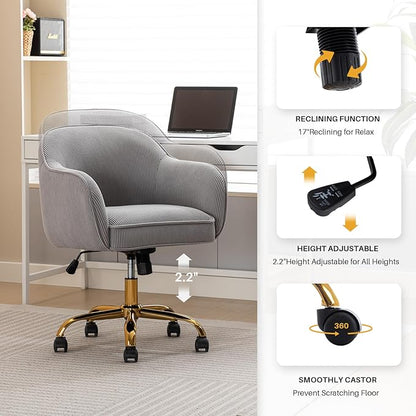 Home Office Desk Chair with Arms Gold Wheels Modern Velvet Upholstered Rolling Computer Chair Mid-Back Ergonomic Adjustable Swivel Vanity Chair for Bedroom Study Office, Grey,Corduroy
