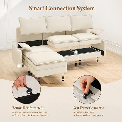 Vesgantti 142" Oversized Sectional Sofa Bed, 8-Seater Modular Sleeper Cloud Couch with Movable Ottoman, Chenille Convertible Sofa Set Deep Seat Couches for Living Room, Bedroom and Apartment, Beige