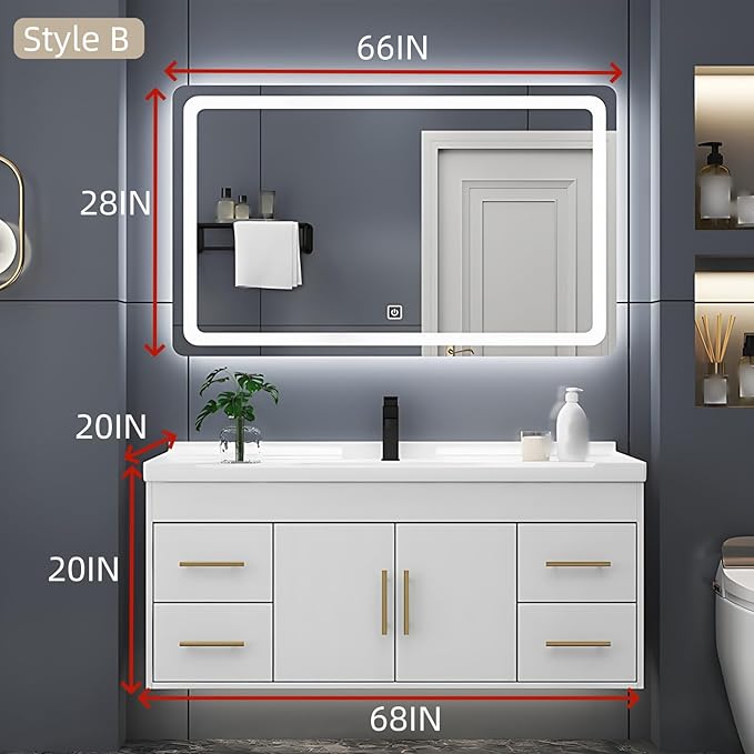 68IN Modern Bathroom Vanity - LED Intelligent Mirror Cabinet Includes Time Display & Defogging | Bathroom Cabinet with Sink & Open Storage Compartments, Ceramic Washbasin, 4 Drawers (Style B)