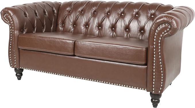 LEVNARY Leather Sofa, Chesterfield Tufted Upholstered 2 Seater Couch, Modern Loveseat Couch Classic Furniture for Living Room Bedroom (Dark Brown)