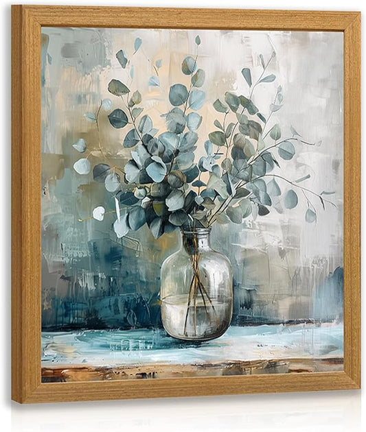 HLXRAE Eucalyptus Leaf Wall Art, Sage Green Botanical Canvas Print, Rustic Farmhouse Bathroom Wall Decor, Soft Blue Floral Aesthetic Picture for Bedroom living Room Wood Framed 16x16 inch