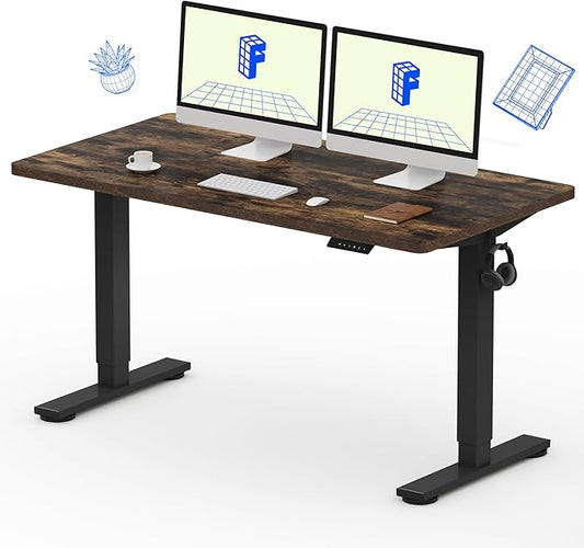 FLEXISPOT EN1 Whole-Piece Standing Desk, 55x28 Inches Electric Sit Stand Desk with Automatic Smart Keypad (Black Frame + Rustic Top, 2 Packages)