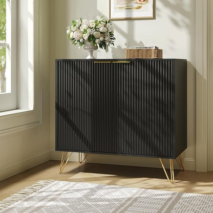 Fluted Storage Cabinet, Set of 3, Sideboard Buffet Cabinet, Modern Wood Accent Cabinet with Adjustable Shelves, Console Table for Living Room, Hallway, Entryway, Black