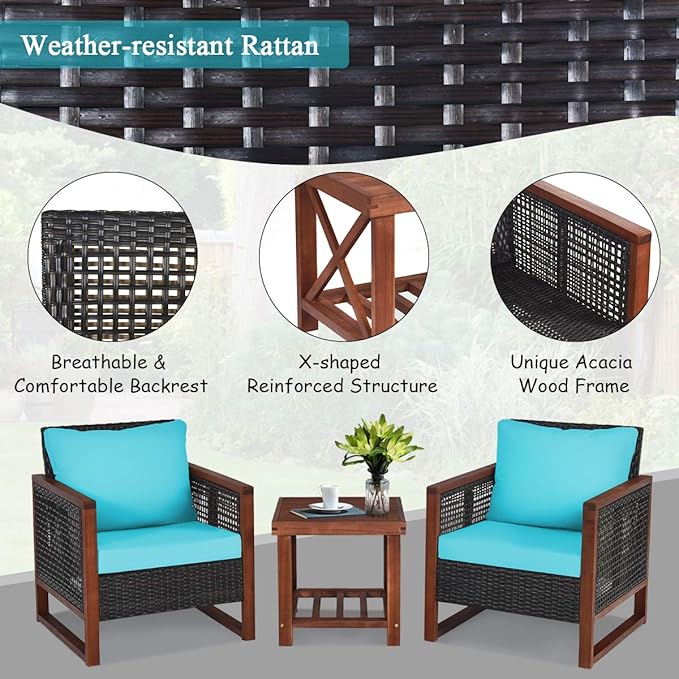 COSTWAY 3 Pieces Wicker Patio Furniture Set, Outdoor Wicker Sofa with Acacia Wood Frame, Coffee Table & Washable Cushions, Rattan Conversation Sets for Yard, Porch, Bistro Balcony Backyard, Turquoise