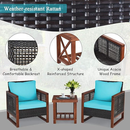 COSTWAY 3 Pieces Wicker Patio Furniture Set, Outdoor Wicker Sofa with Acacia Wood Frame, Coffee Table & Washable Cushions, Rattan Conversation Sets for Yard, Porch, Bistro Balcony Backyard, Turquoise