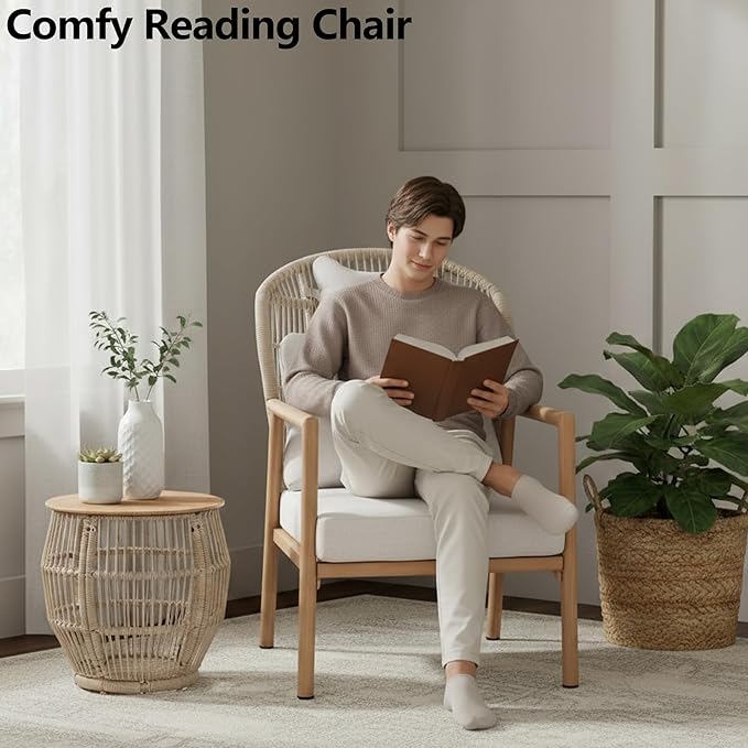 Modern Living Room Chairs, Accent Chairs Set of 2 with Coffee Table, Comfy Arm Chair with Cushions, Rattan Reading Lounge Chair with Metal Frame, Armchair for Bedrooom/Indoor/Outdoor, Beige