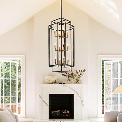 Farmhouse 12-Light Lantern Tiered Pendant Light Fixture - Entryway Chandelier for High Ceilings, Staircase, Hallway (Black and Gold)