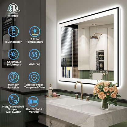 32x36 Inch LED Bathroom Mirror with Lights (Front Lit and Backlit) Black Framed Lighted Vanity Mirror for Bathroom Wall Dimmable Anti-Fog Memory Tempered Glass Horizontal/Vertical