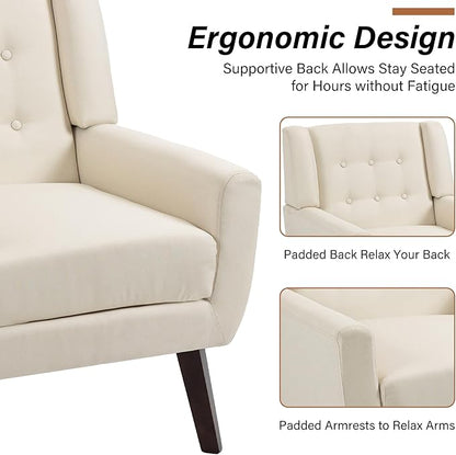 Accent Chair, Modern Fabric Armchair for Living Room, Comfy Upholstered Arm Chair Tufted for Indoor Bedroom Office Room (White)