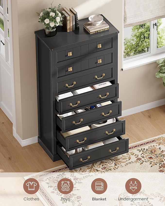 AOGLLATI Farmhouse Dresser with 7 Drawers, 58.7”Tall Wooden Chest of Drawers with Natural Texture, Vintage Design, Black Dresser for Bedroom, Black