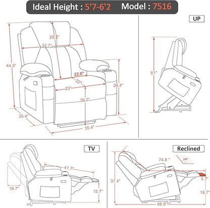 MCombo Power Lift Recliner Chair for Elderly, Lift Chair with Heat and Massage for Tall People, USB&Type C Ports, Extended Footrest, Cup Holders, Fabric 7516(Large,Carmine Red)